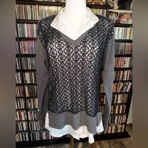 Simply Vera Vera Wang Layered V‑Neck Vintage Sweater with Black Lace Overlay